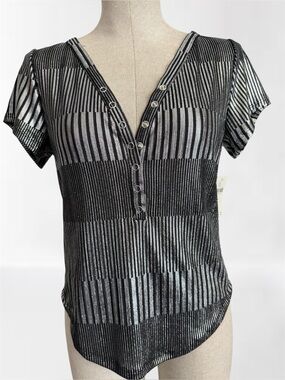 NWT Pilcro Anthropologie Metallic Stripe V-Neck Button Top Black Silver L